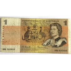 AUSTRALIA 1966 . ONE 1 DOLLAR BANKNOTE . COOMBS/WILSON . FIRST PREFIX AAA